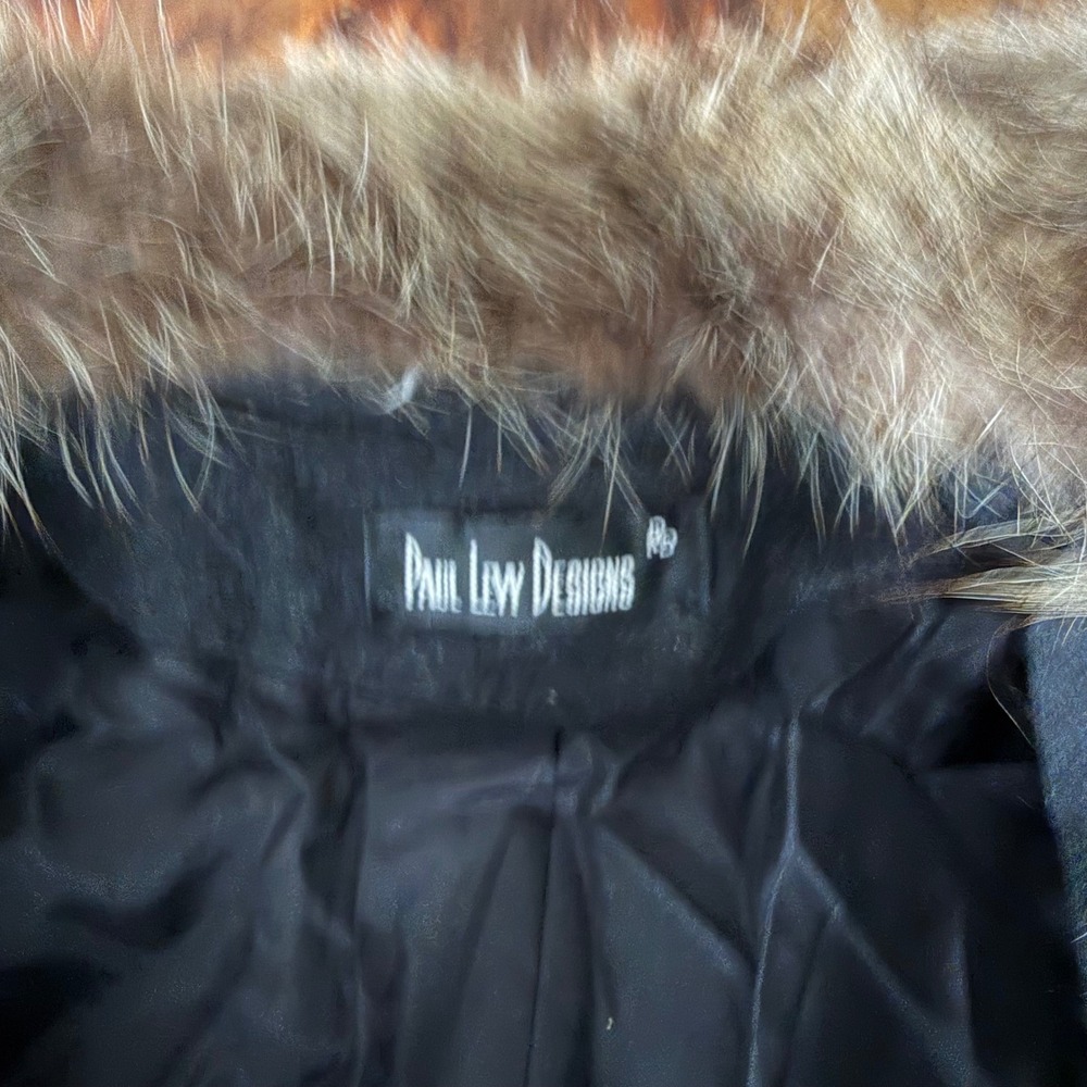 Paul Lew Designs Womens Charcoal Grey Long Wool Coat Real Fur Collar Double - Picture 4 of 11